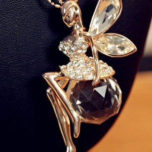 Gold Tinkerbell Fairy Sitting On Crystal Necklace
